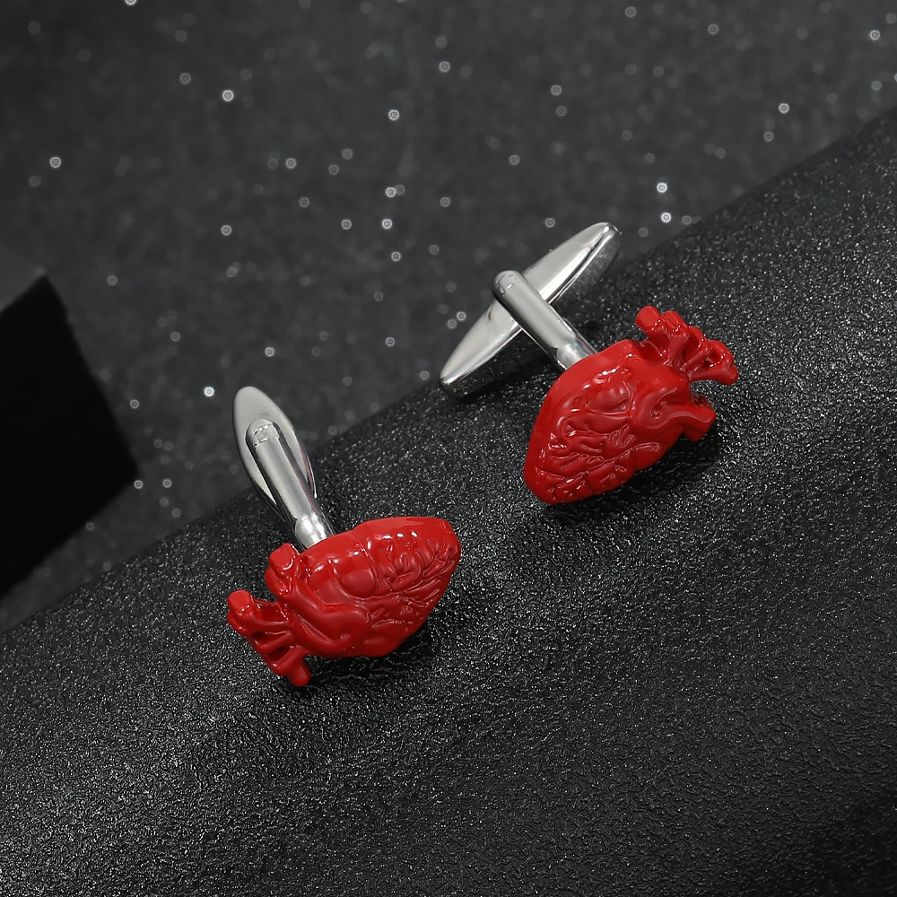 2 قطعة أزرار أكمام رجالي على شكل قلب أحمر فاسق، تصميم تيكر، زر كم من المينا