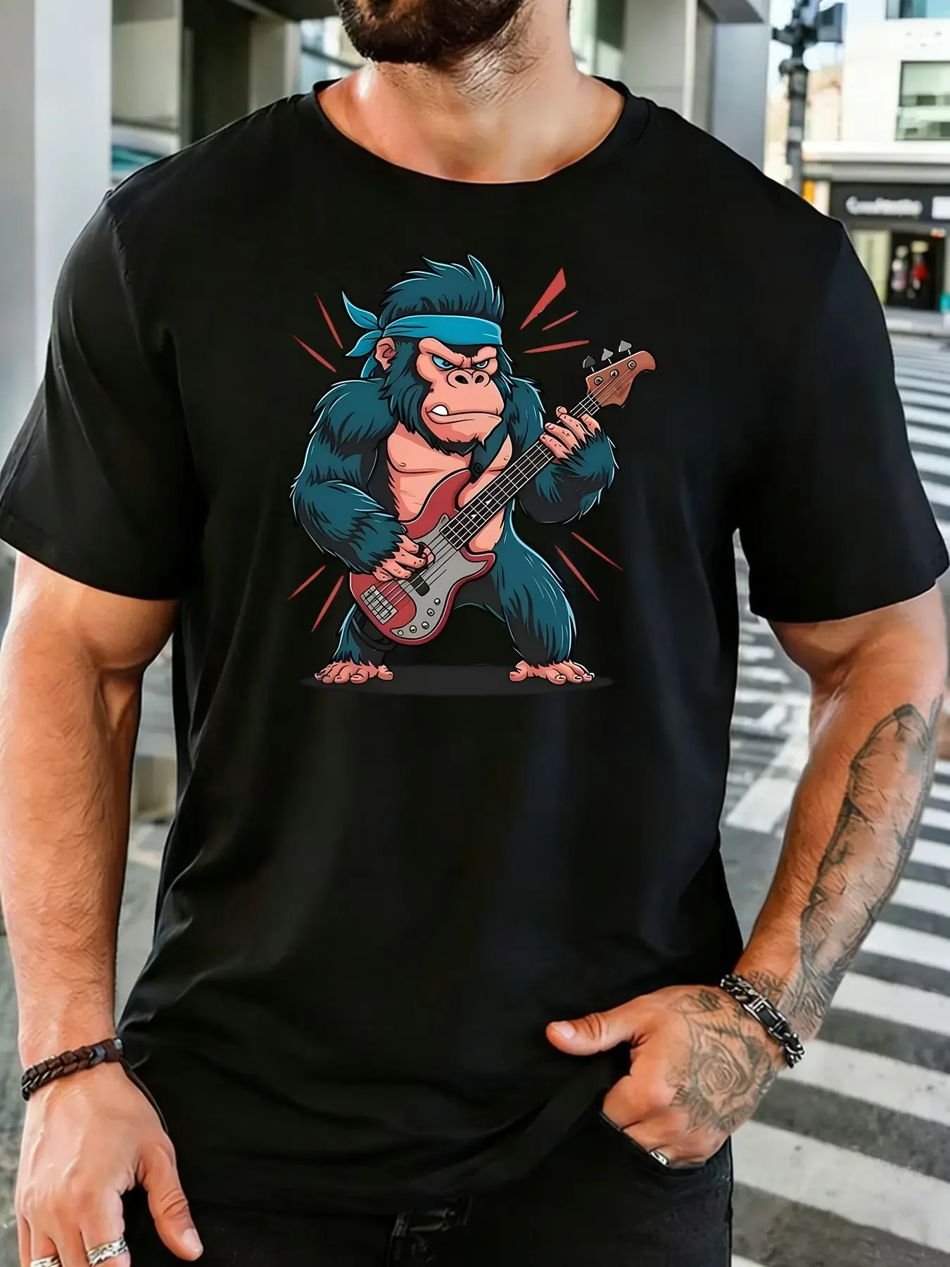 Fashion Mens Kids Red Punk Rock Gorilla Bass Player Cartoon Tee Wild Ape Music Lover Streetwear Casual Short Sleeve Shirt