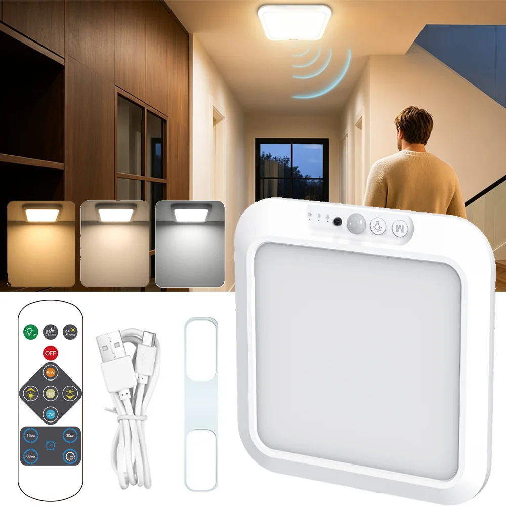 Rechargeable Motion Sensor Ceiling Light with Remote 3 Color Dimmable LED Night Light for Baby Bedside Bedroom Wireless Lighting