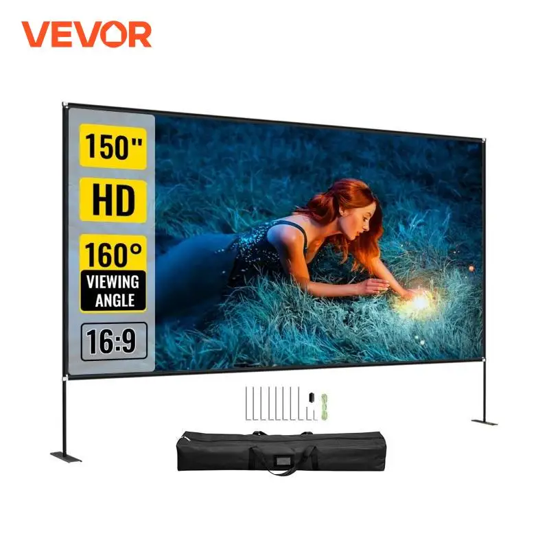 VEVOR 80 90 100 135 150 180 Inch Projector Screen W/ Stand 16:9 4K HD Wide Angle W/ Storage Bag Portable Home Cinema for Outdoor