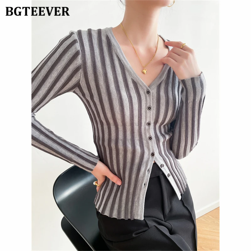 BGTEEVER Autumn Winter V-neck Long Sleeve Women Striped Knitted Cardigan Tops Stylish Slim Ladies Single-breasted Sweaters