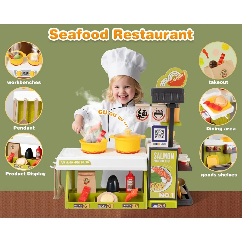 Mini crianças cozinha comida jogar conjunto simulado frutos do mar comida rápida restaurante brinquedo com caixa registradora com som de comida que muda de cor