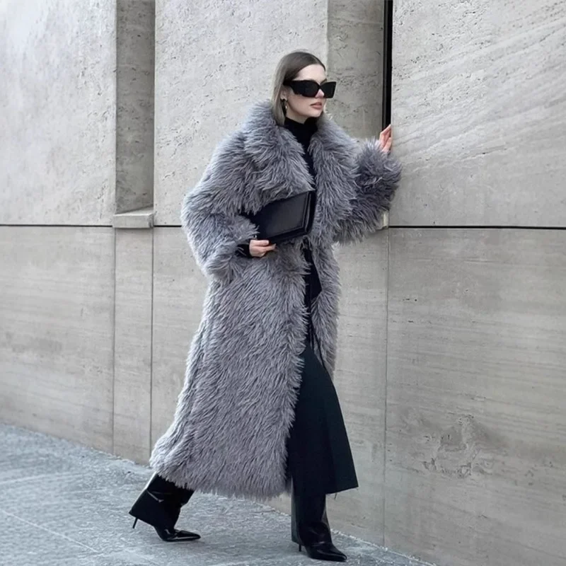 Extended Version Teddy Coat Women Lapels Long Sleeves Winter Clothing Grey Beach Wool Thickening Solid Faux Fur Jacket Overcoat