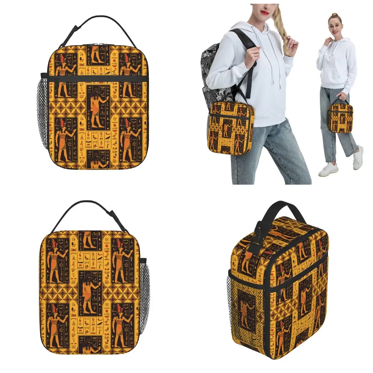 Ägyptische Götter Pharaonen Wandbild isoliert Lunch Bag alten Ägypten Hieroglyphen Lagerung Lebensmittel box tragbare Kühler thermische Lunchbox