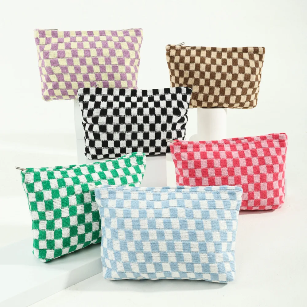 Women Makeup Pouch Checkered Cosmetic Bag Travel Toiletry Bag Organizer Daily Makeup Brushes Aesthetic Accessories Storage Bag