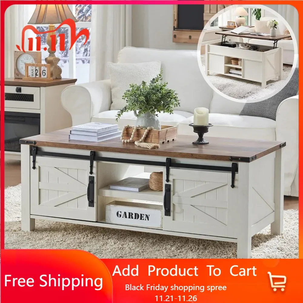 Coffee Table with Sliding Barn Door,Rustic Center Table with Hidden Storage Compartment,Lifting Tabletop and Adjustable Shelf