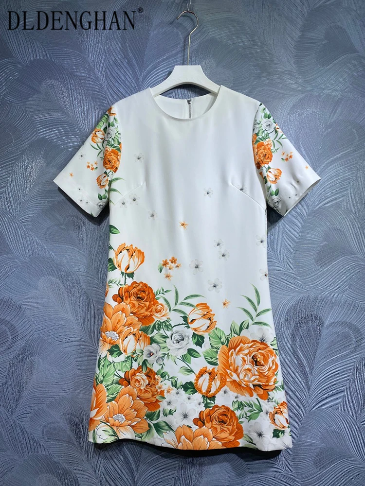 

DLDENGHAN Summer Mini Dress Women O-Neck Short Sleeve Crystal Beading Floral Print Elegant Party Dresses Fashion Designer New
