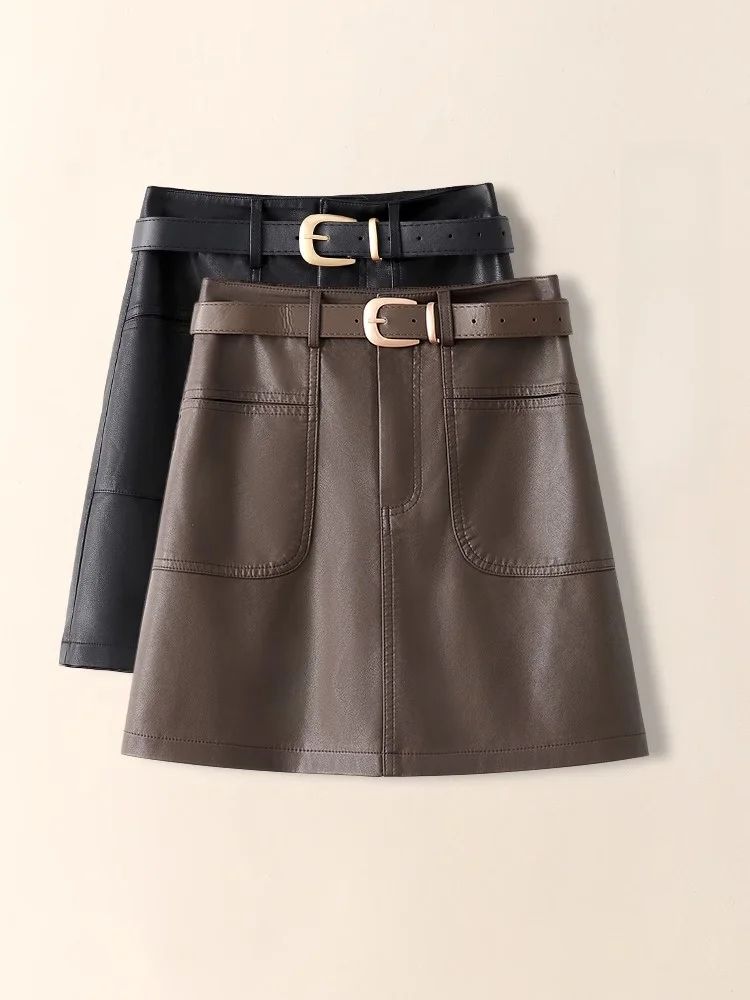 

Юбка-трапеция с высокой талией. Женская юбка из искусственной кожи. Утягивающая облегающая коричневая юбка f-длины. Весенняя осенняя юбка.