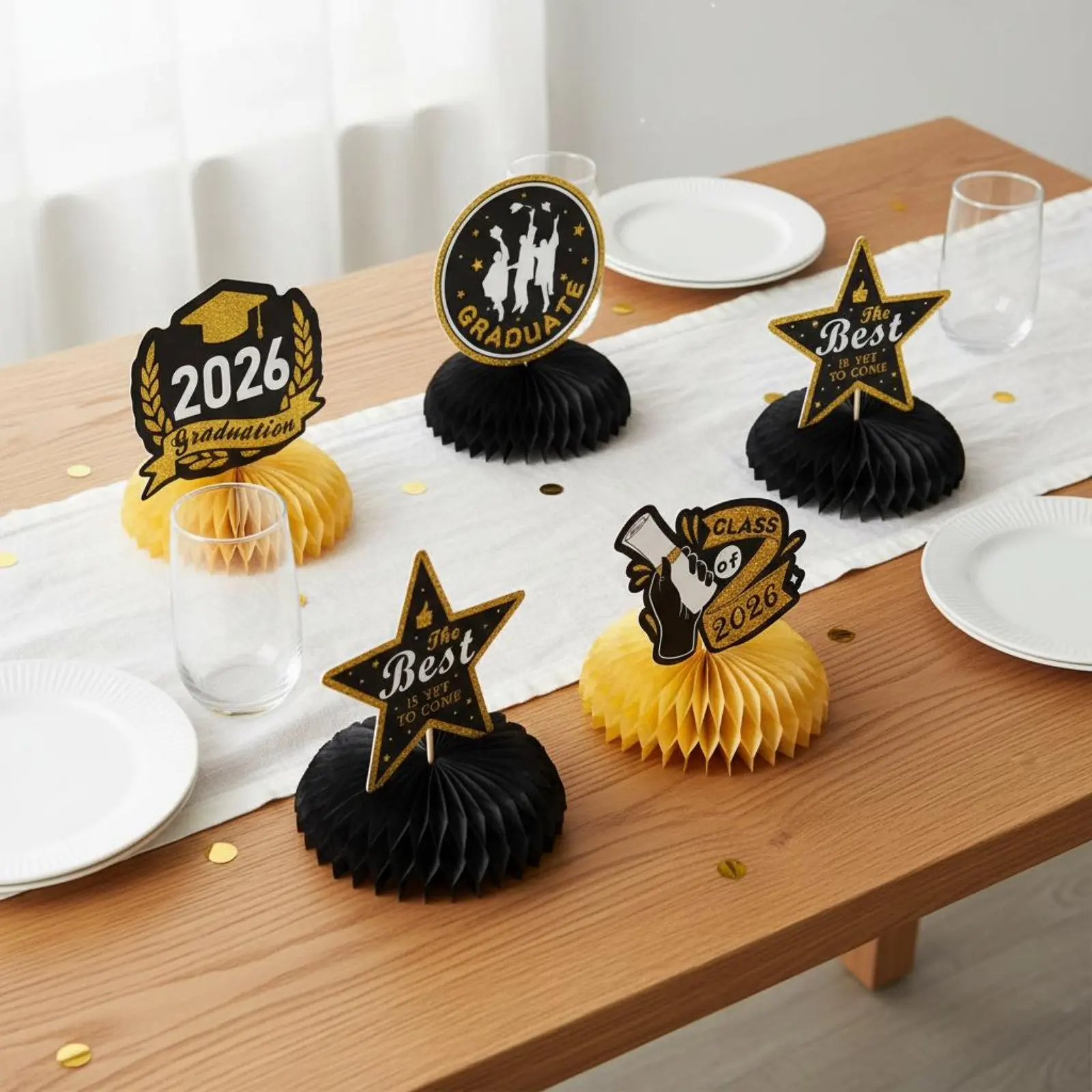 Picture 5: 4 Pieces 2026 Commencement Table Topper Glitter Decorations Commencement Hexagonal Centerpiece for Students, School Event