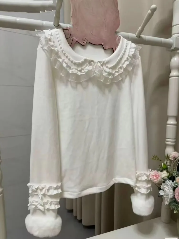 Women T Shirts Lolita Style Peter Pan Collar Lace Patchwork Ruffles Autumn Sweet Vintage Y2k Aesthetic Harajuku Tops