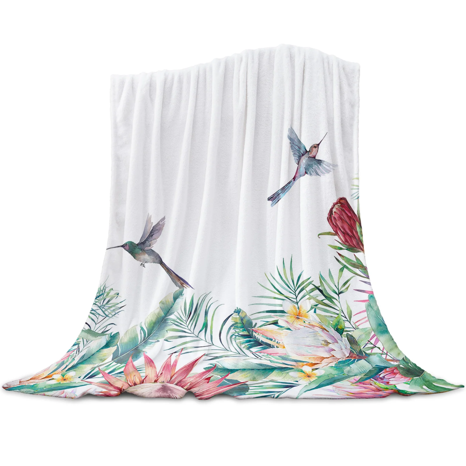 Idyllic Tropical Plants Flowers Hummingbirds Printed Throw Blanket Flannel Fleece Blankets for Sofa Couch Bed Bedroom Bedspread