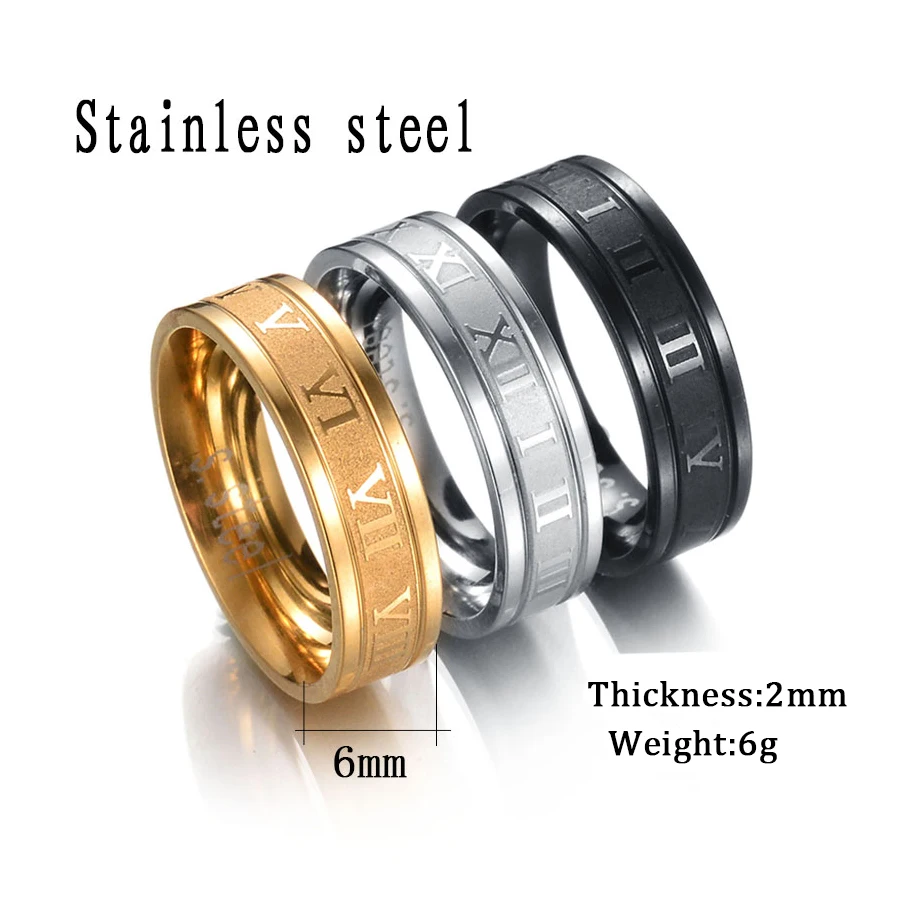 Freeteeme Vintage Roman Numbers 6mm Width Ring Wedding Fashion Stainless Steel Couple Rings for Woman Men Jewelry Birthday Gifts