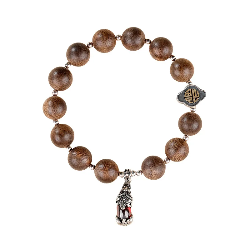 Natural Wood Aloeswood Sandalwood Beaded Bracelet 925 Silver Pixiu Men Women Cultural Play Hand Jewelry Gifts