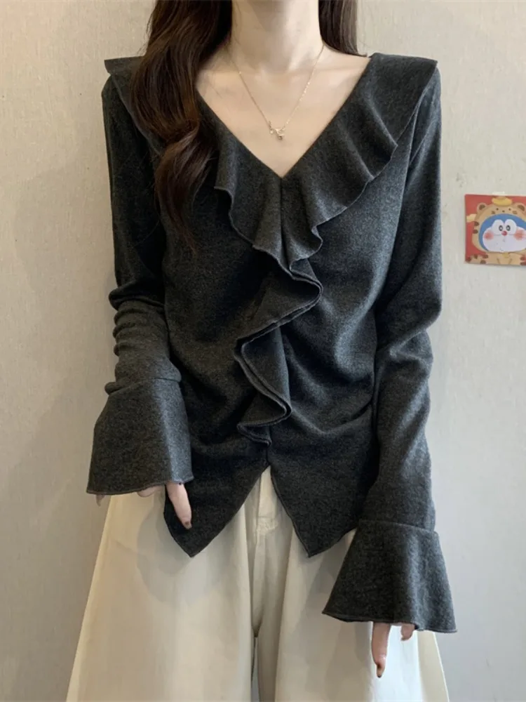 

Женская вязаная блузка с длинным рукавом и V-образным вырезом, дизайн «колокол», для ношения под одеждой, весна-осень, новая, с цветочным узором, базовая модель