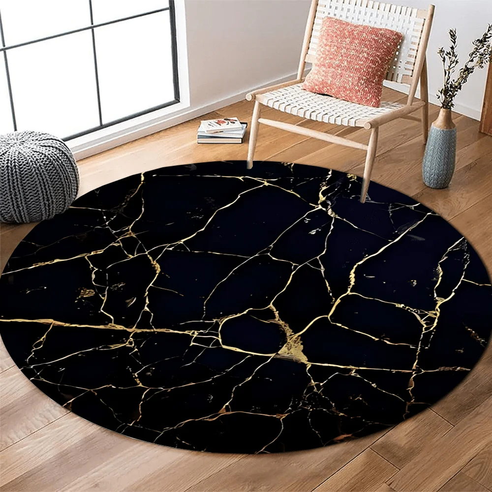 Black Gold Marble Vein Round Rug Flannel Modern Luxury Floor Mat for Living Room Office Minimalist Elegant Home Interior Design