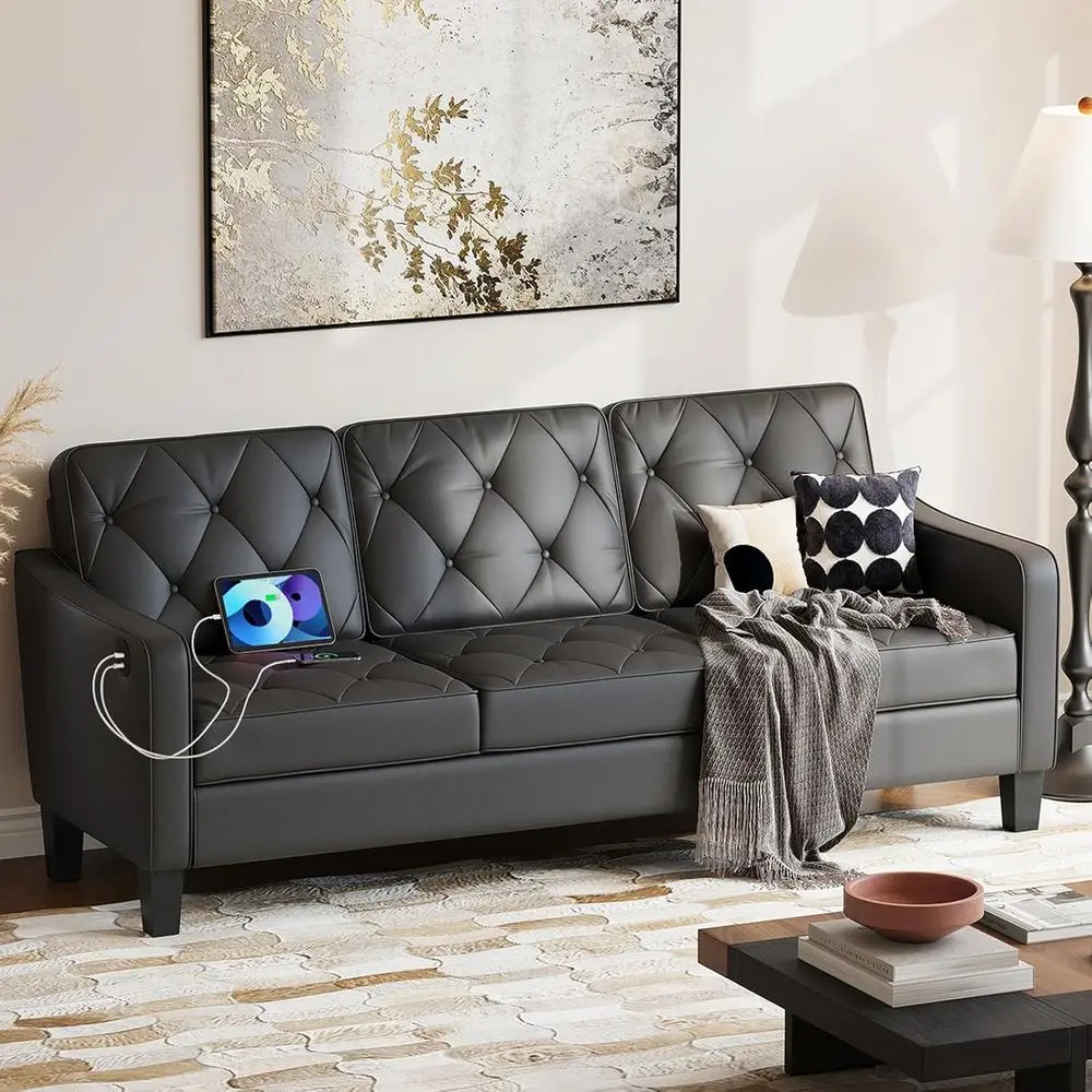 

Компактный 3-местный диван из черной кожи для гостиных, офисов или зон ожидания - удобный, прочный, простой в сборке