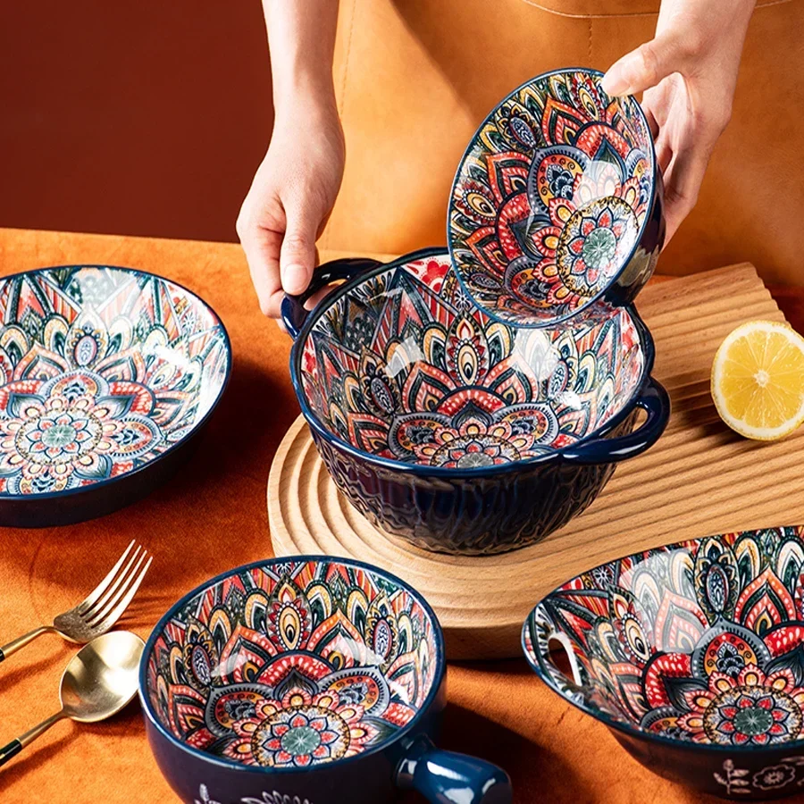 Bohemian Ceramic Dinnerware Set Floral Design Dinner Set Plates and Dishes Restaurant Tableware Plate Bowl Dish Soup Bowl