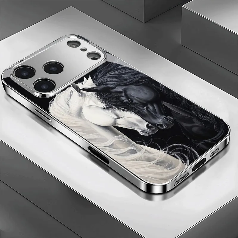 

Black White Horse Pattern Tempered Glass Electroplated Phone Case For iPhone 17 16 15 14 13 12 11 Pro Max 16 Plus 17 Air Cover