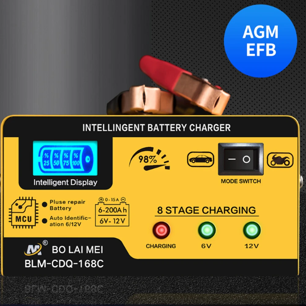 

Автоматическое автомобильное зарядное устройство 6 В 12 В, умное зарядное устройство 6 Ач-200 Ач, 15 Ач, зарядное устройство с цифровым дисплеем для автомобиля, мотоцикла