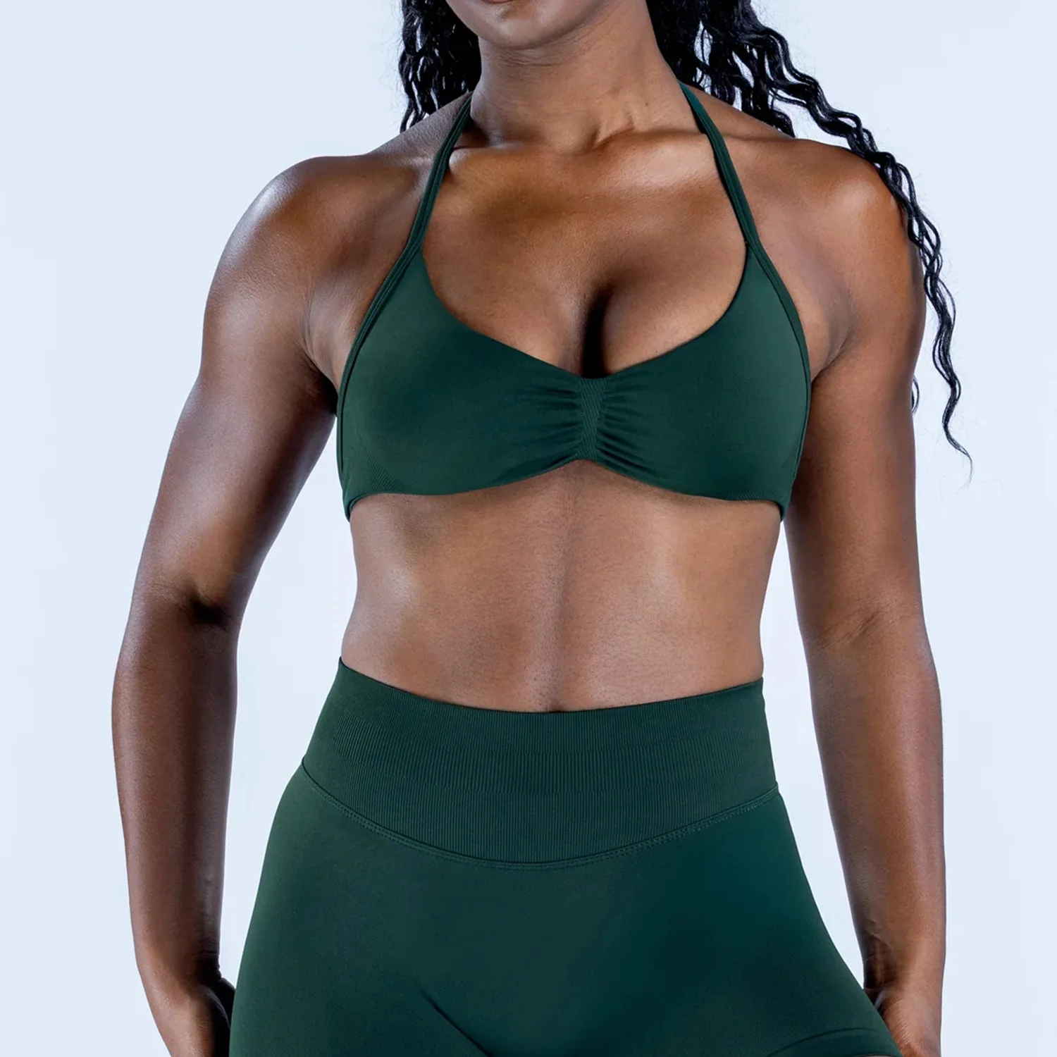 Women Seamless 2 Piece Sports Set Halter Bra High Support Open Back Quick Dry High Stretch High Waist Shorts Yoga Gym Workout