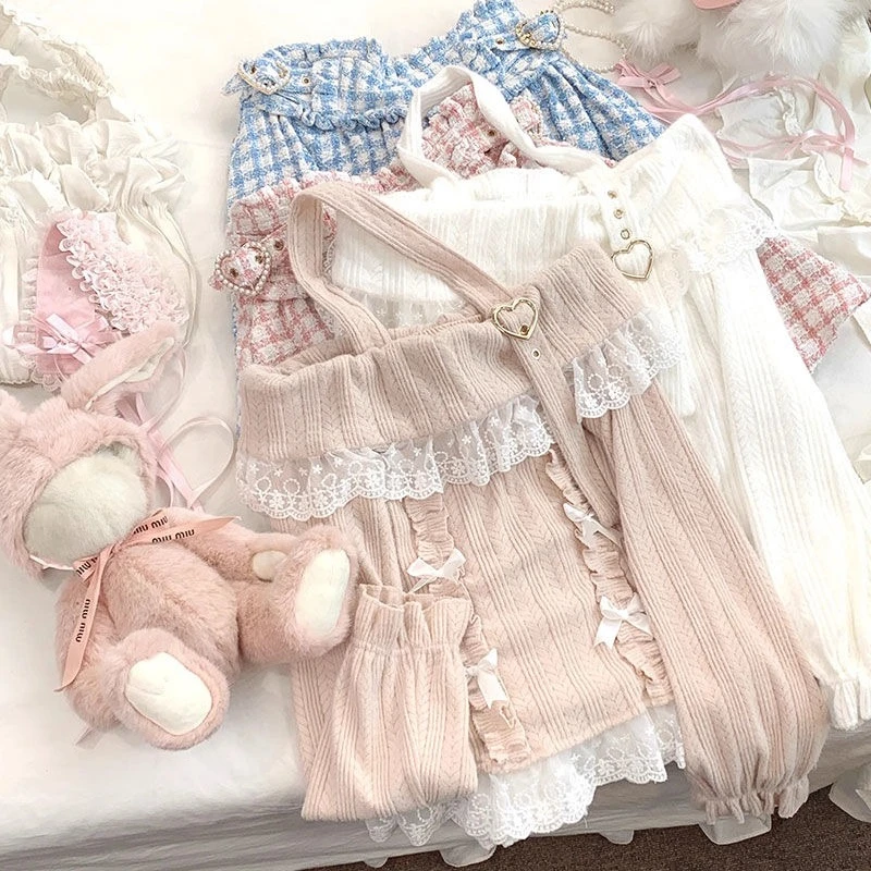 Outono inverno doce renda camisa de malha feminina um ombro pendurado pescoço japonês doce estética vintage manga longa topos novo
