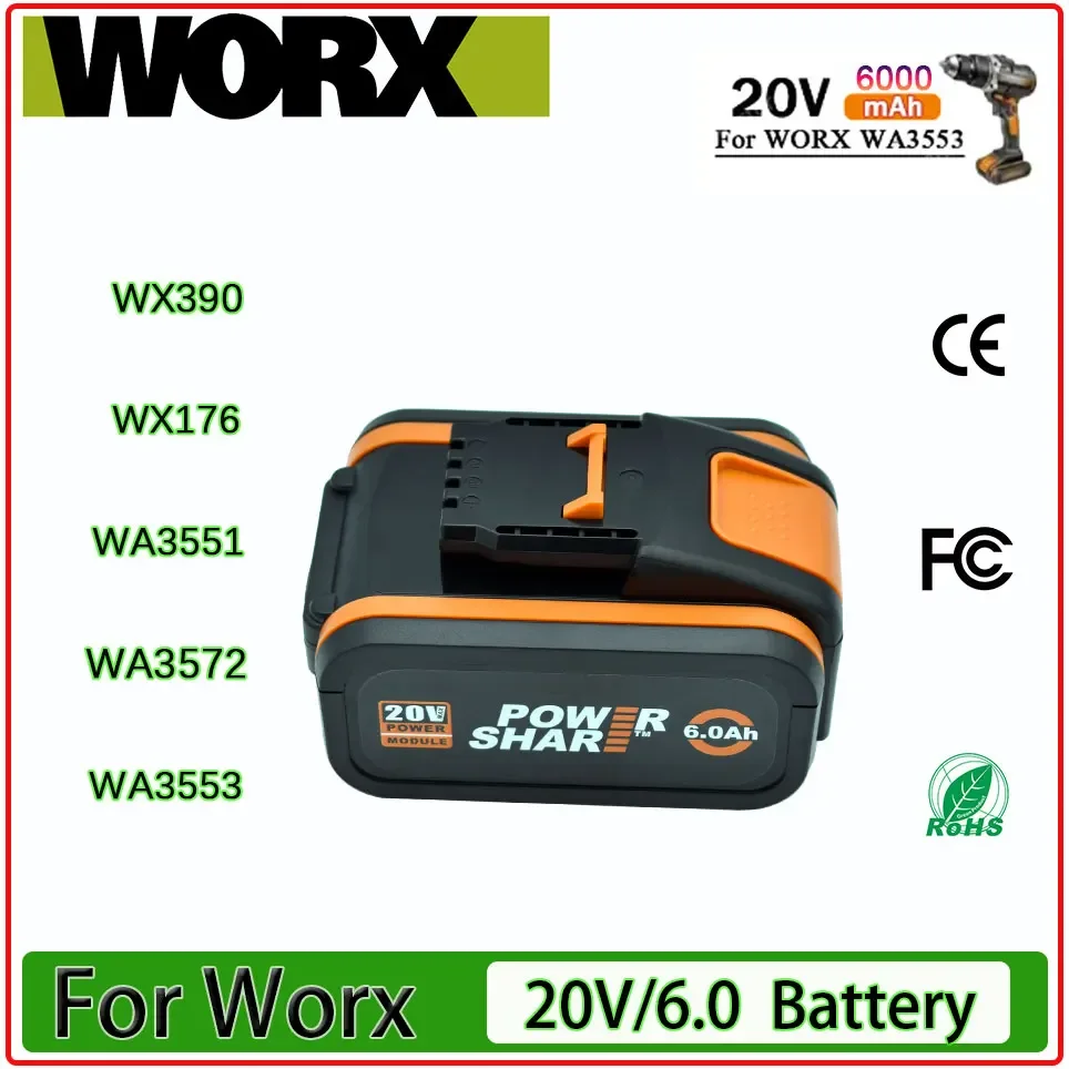 

Original Worx 20V 6.0Ah Lithium battery Rechargeable WA3553 WA3551 WA3553.1 WA3570 for All WORX Electric and Garden Tools