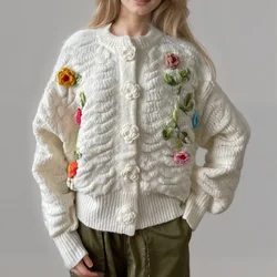 Dainty Stitch Flower Hand Knit Cardigan O-Neck Haftowany kwiatowy sweter z guzikami Jesień / zima Odzież damska z dzianiny