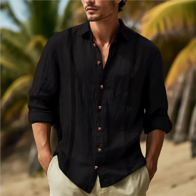 قميص رجالي ذو طية صدر السترة بأكمام طويلة من القطن والكتان بلون سادة، قميص هاواي، قميص أبيض خفيف الوزن وتنفس، ملابس خروج رجالية #4