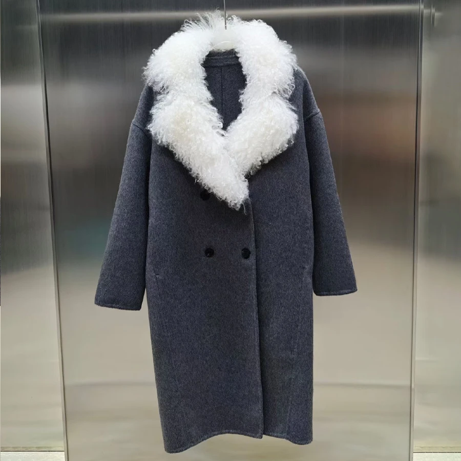 Winter Warm Wool Coat  With Lamb Fur Collar Long Cashmere Fur Coat Best Selling  Jacket Luxury