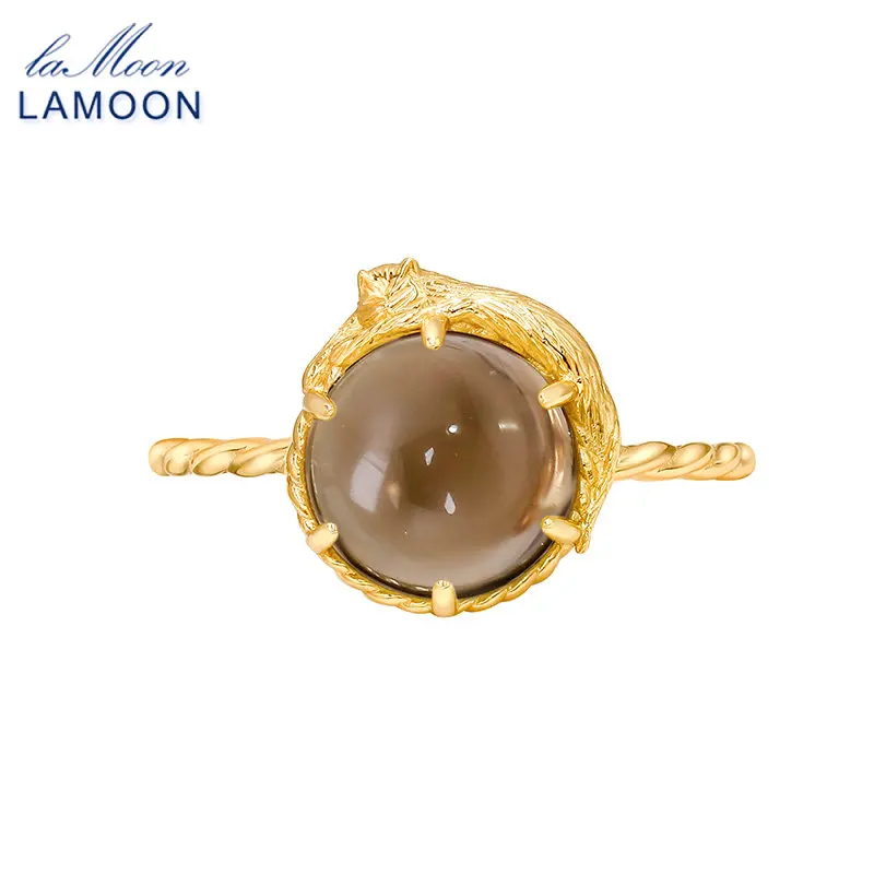 LAMOON Natural Smoky Quartz Gemstone Ring For Women 925 Sterling Silver Gold Vermeil Fine Jewelry Gift Vintage Cute Cat Ring