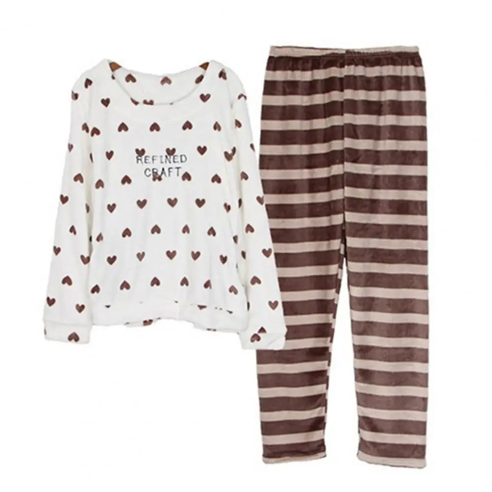 2 Pcs/Set Striped Women Pajamas Set Winter Coral Fleece Soft Suit Color Matching Cartoon Print Thickened Homewear Top Pants Set