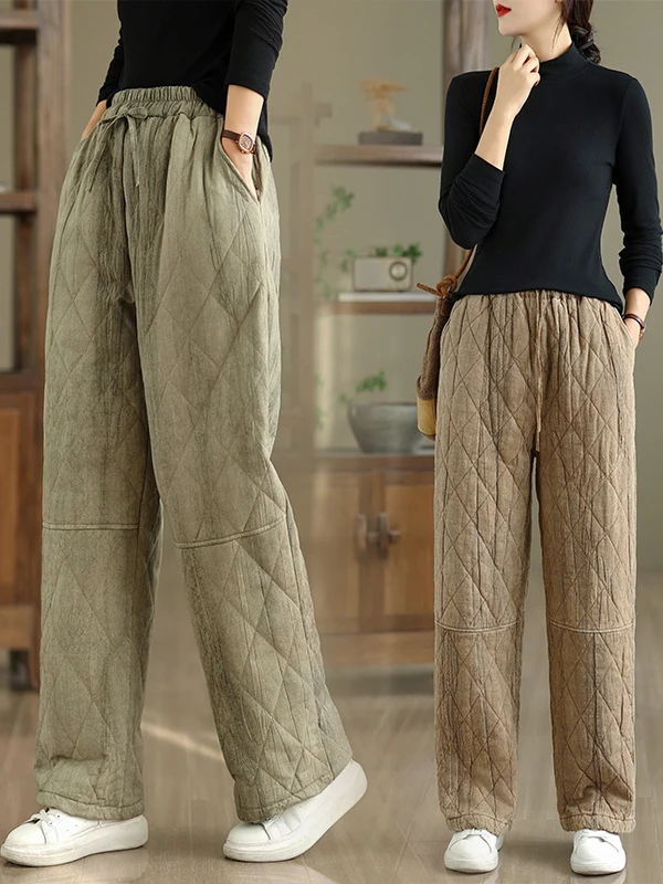 Thiened calças de algodão feminino inverno tamanho grande tingido cintura elástica quente calças de perna reta casual cintura alta calças de perna larga