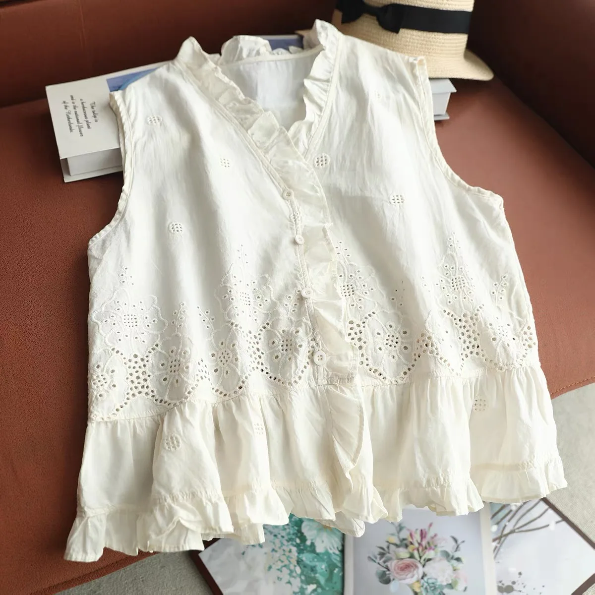 Women Sleeveless Vest Top Ruffle V Neck Blouse Hollow Eyelet Embroidery Lace Ruffle Hem Cottagecore Cotton Summer Tank Shirts view 2