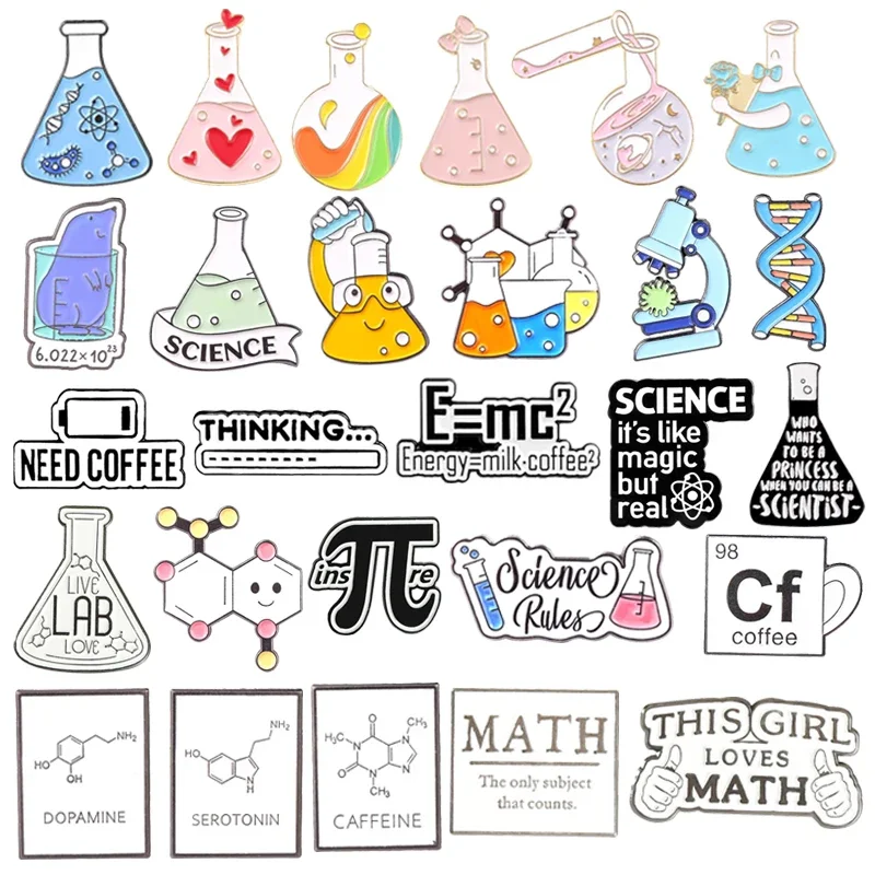 Broche de elemento de vaso de química científica, Pin esmaltado, estructura de ADN Molecular, broche de ecuación, insignia de solapa, accesorio de joyería de dibujos animados