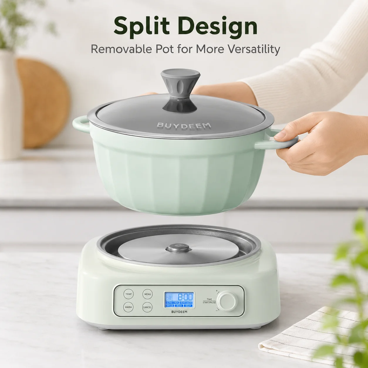 BUYDEEM 5-in-1 Slow Cooker 4.7QT, Electric Crockpot with Removable Nonstick Pot, Slow Cook Sear Saute Braise Bean Soup Modes, 2 Temperature Controls, 24H Timer, Auto Keep Warm, Compatible with Flat-Bottom Cookware