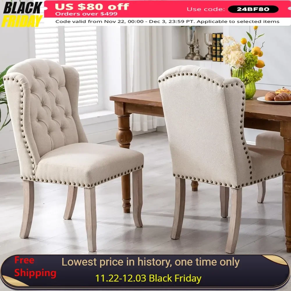 Dining Chair Set of 2 with Linen Upholstered, Solid Wood Back, Modern Tufted Armless Dining Chair