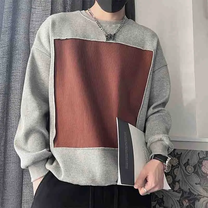 

Autumn Plus Velvet Spliced Men Long Sleeve O Neck Sweatshirt Fashion Harajuku Casual 2xl Oversized Pullover Top Interview Office