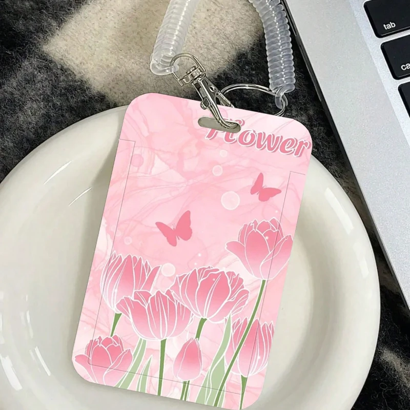 Pink Flower Pattern Card Holder with Retractable Elastic Rope for Bus Card Protection Cover, Meal Card Cover, Student ID Cover