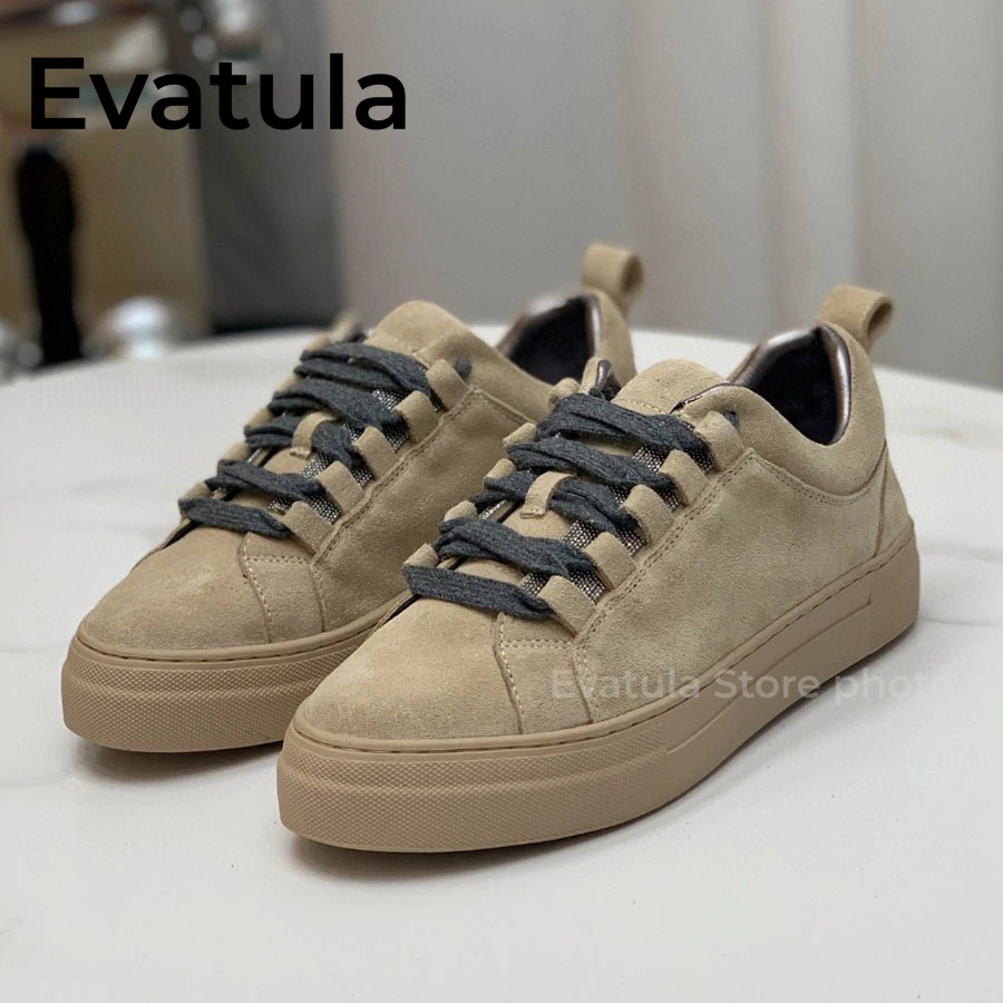 2023 autunno punta tonda in pelle scamosciata di mucca stringate scarpe con plateau piatto per le donne Sneakers con perline a corda scarpe da