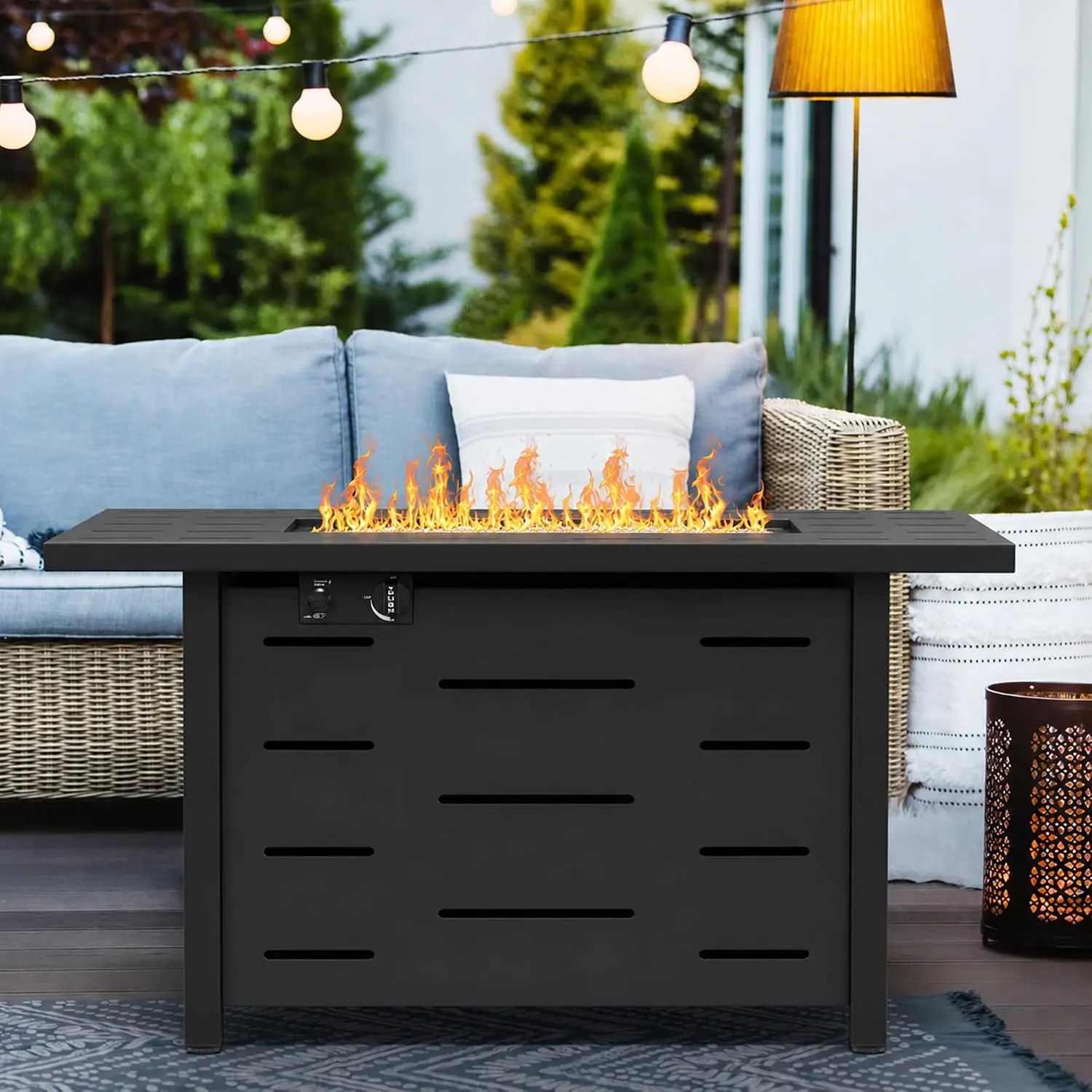 43 Inch Propane Fire Pit Table for Patio & Backyard, 50,000 BTU Steel Gas Fire Pit with Lid & Lava Rocks, Outdoor Table Heater
