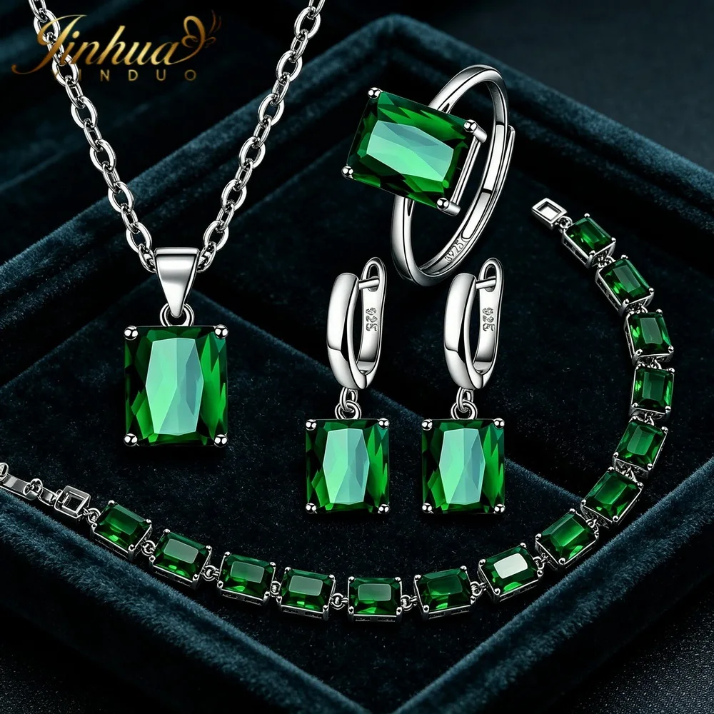 

New Trend 925 Sterling Silver Jewelry Set for Women Wedding Geometric Zircon Earrings Pendant Necklace Ring Bracelet
