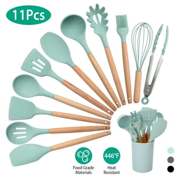 

11Pcs Silicone Cooking Utensil Set Heat Resist Wooden Handle Silicone Spatula Ladle Spaghetti Tongs Spoon Kitchenware Set