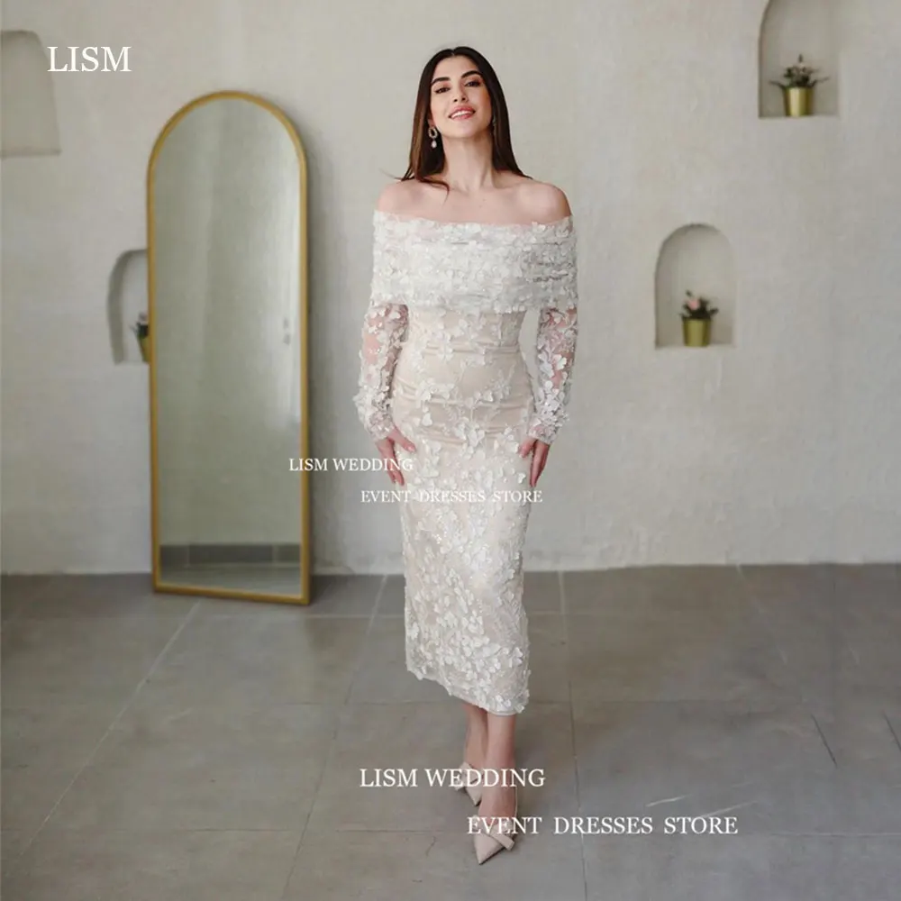 

LISM Graceful 3D Lace Mermaid Wedding Dress Removable Long sleeves Bridal Gown Strapless Tea-Length Robe De Mariage