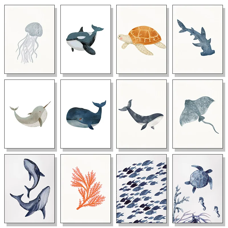 Ocean Animal Shark Turtle Dolphin Whale Fish Poster Watercolor Canvas Painting Print for Wall Living Room Nursery Home Decor