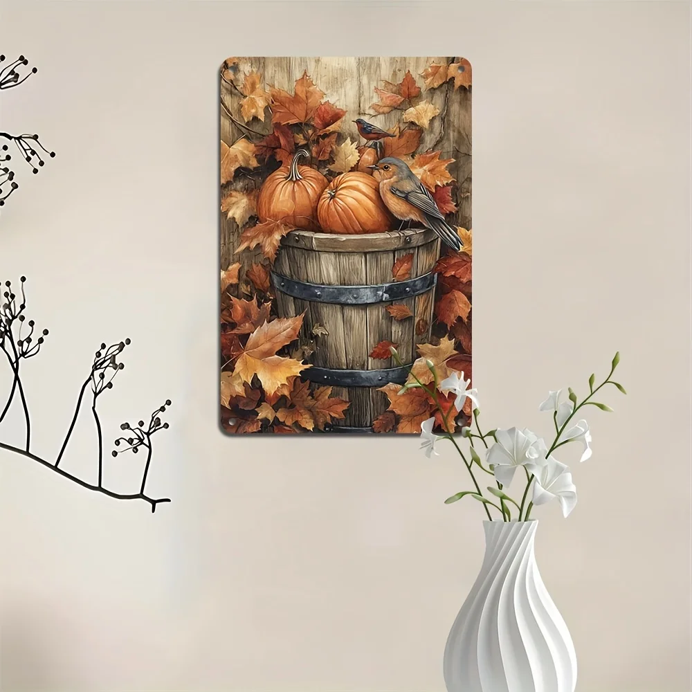 Letrero de hierro Vintage para cosecha de otoño, diseño de calabaza y pájaro, arte de pared, póster de hierro duradero, Ideal para el hogar, Bar y decoración al aire libre