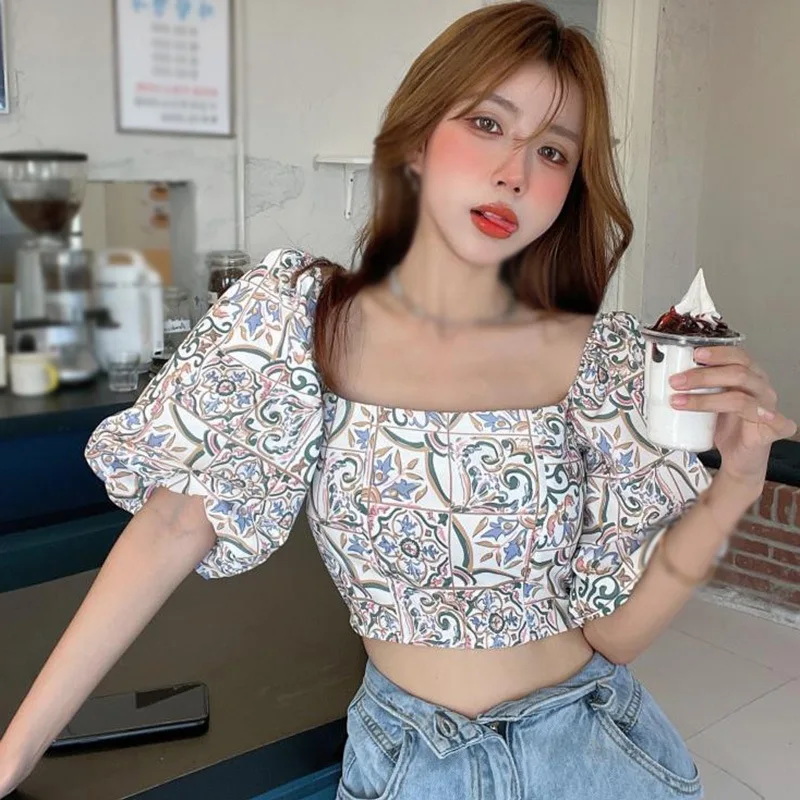 Women\'s Floral Print Square Collar Crop Tops Puff Short Sleeve Chiffon Shirt Fashion Elegant Off-Shoulder Bodycon Blouse Summer