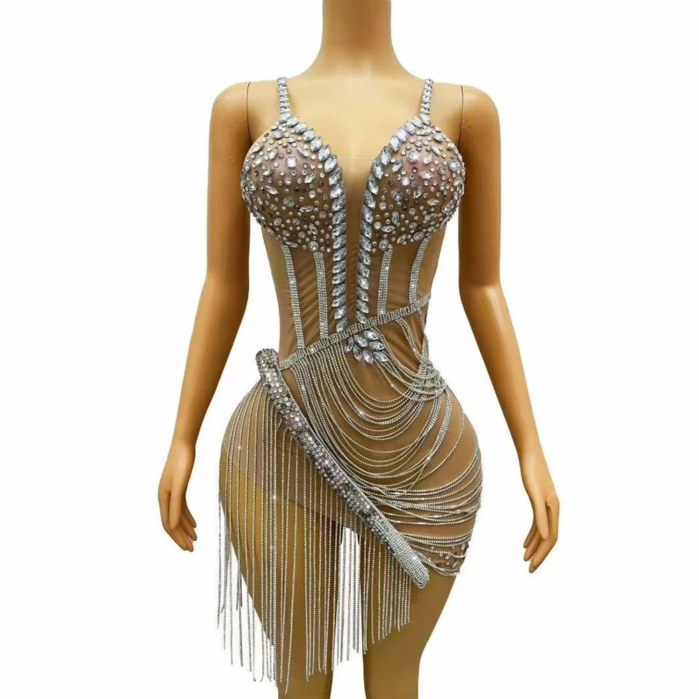 

Sexy Silver Rhinestone Chains Fringes Dress Evening Birthday Celebrate Prom Party Outfit Costume Women Dancer Photoshoot Dress