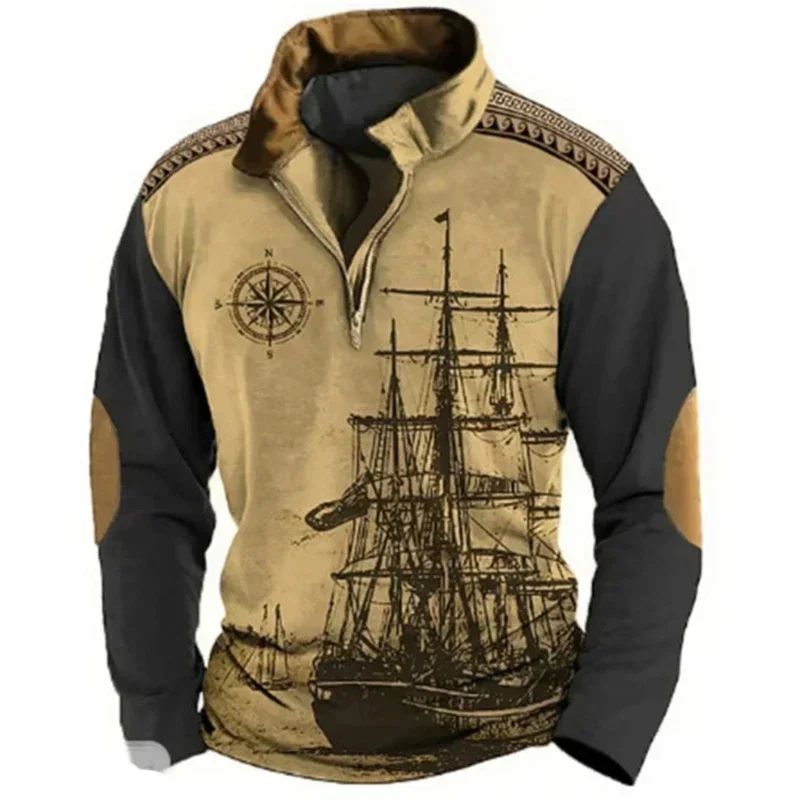 Trend Sailing Pattern Long-sleeved Shirt American 3D Men's Bottoming Personality Retro Casual Thin Sweatshirt