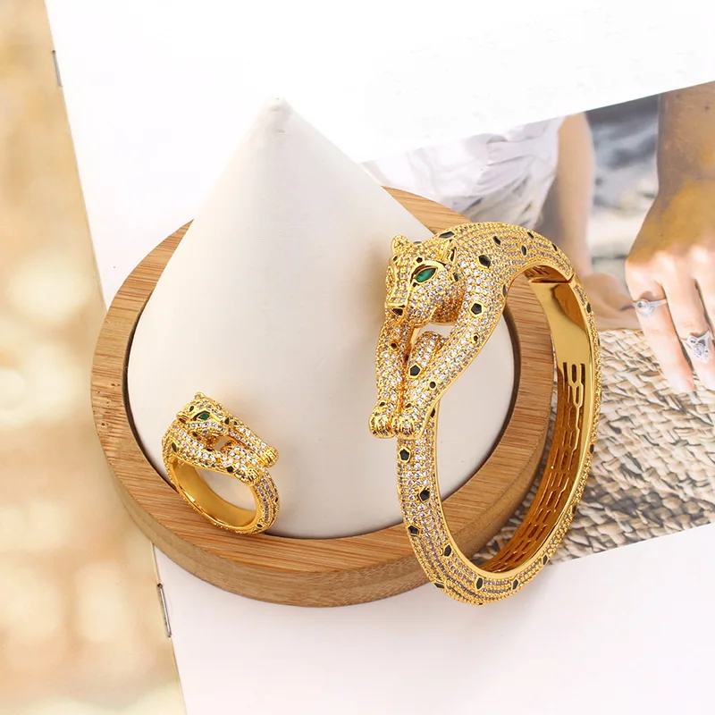 

Designer Collection Ring Bangle Bracelet Women Lady Full Cubic Zircon Green Eyes Black Patches Leopard Panther Jewelry Sets