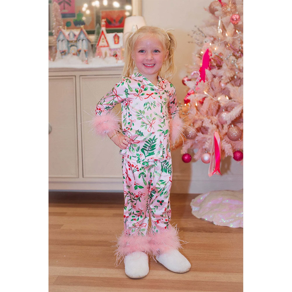 2025 Fashion Christmas Women Girls Pink Floral Pajamas Mother Daughter Matching Clothing Set Sweet Fluffy Long Sleeve Sleepwear